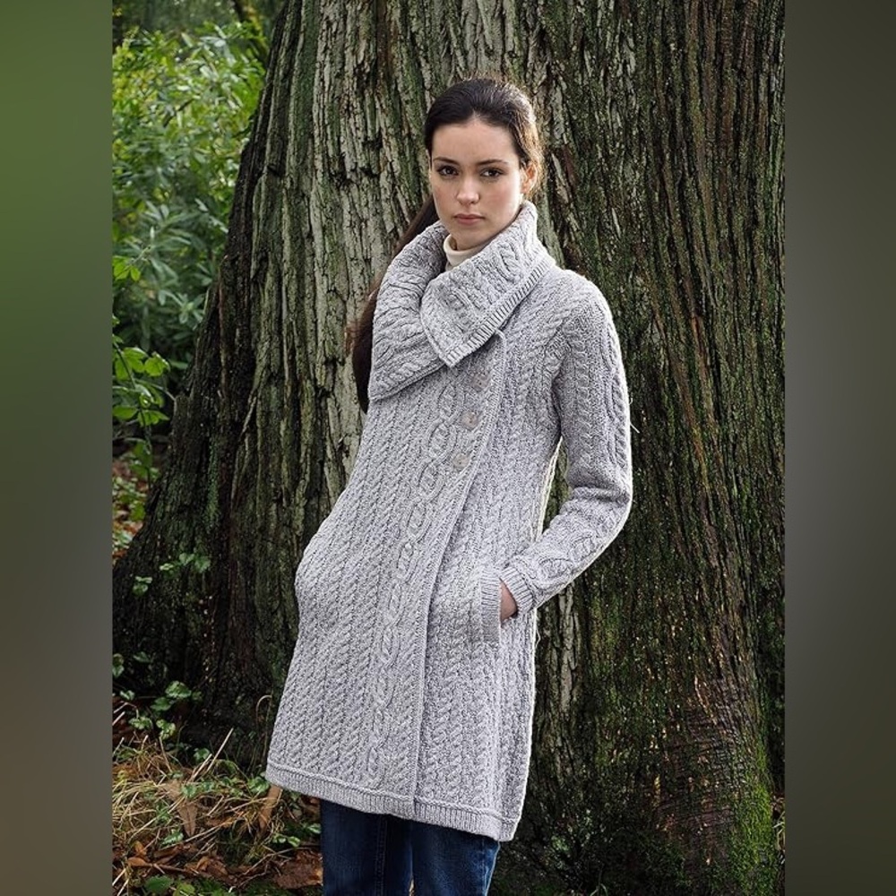 Aran Crafts Irish Merino Wool Soft‎ Collar 4 Button Coat Gray Size XS